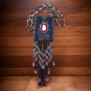 Beaded Necklace with Red Gemstone Flapper Pouch Seed Bead